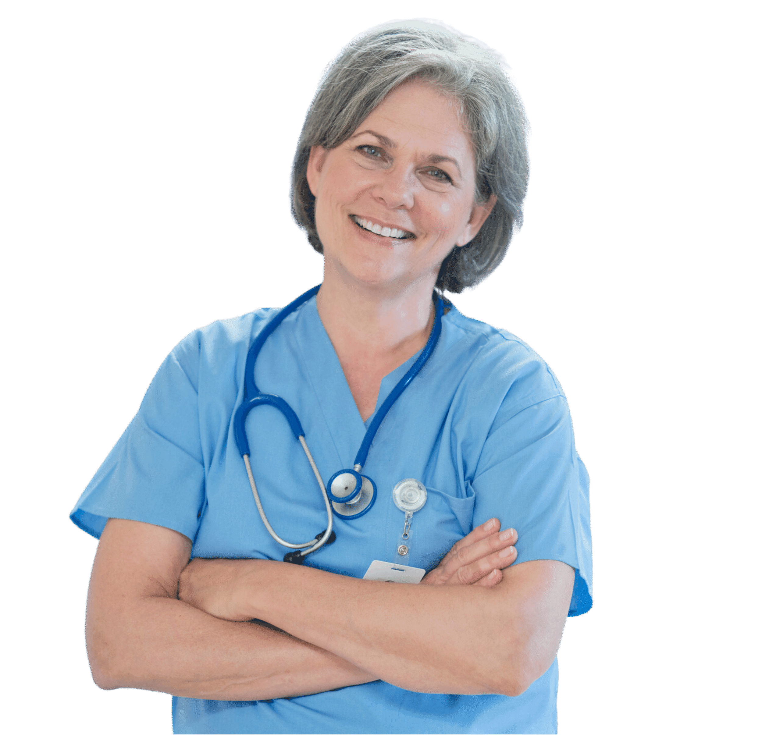 A healthcare professional smiling with arms crossed