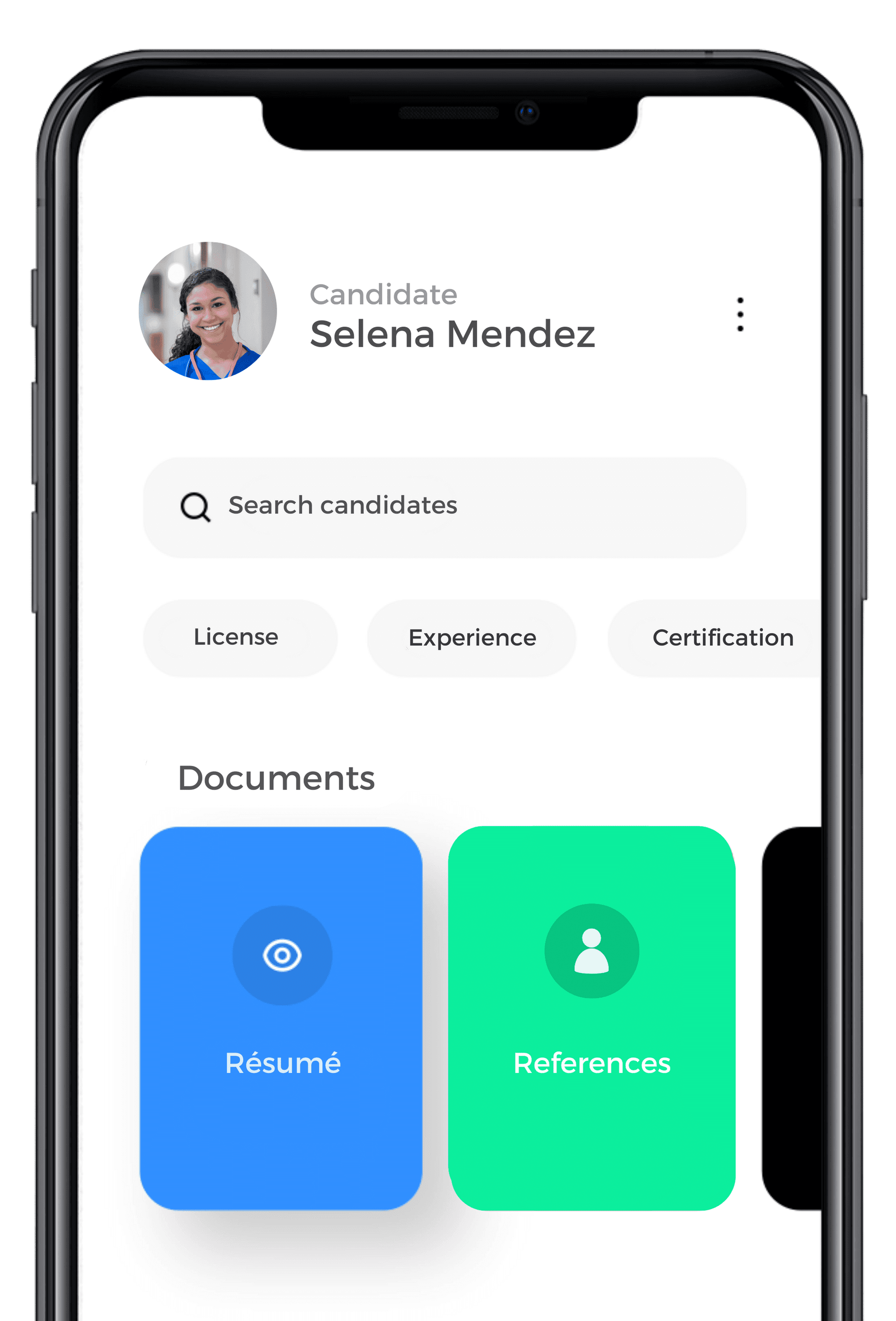 A candidate profile in the Applichat recruiting app, with résumé and references